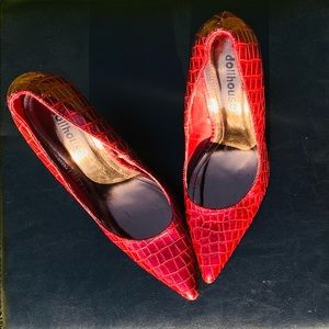 Dollhouse Red Faux Snakeskin Heels